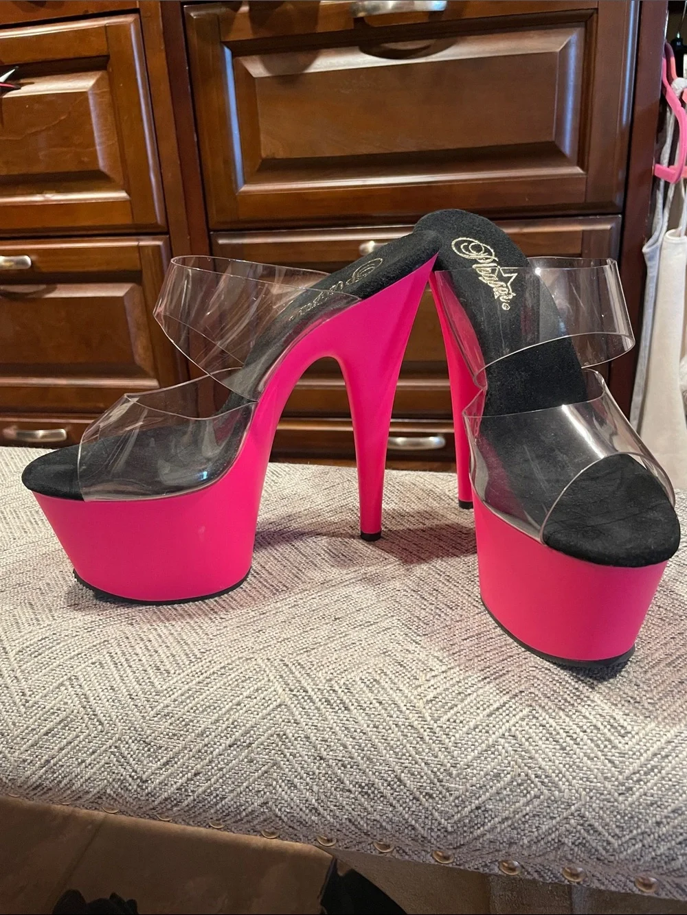 Pleaser Hot Pink Platform Clear-Strap Stiletto Mules